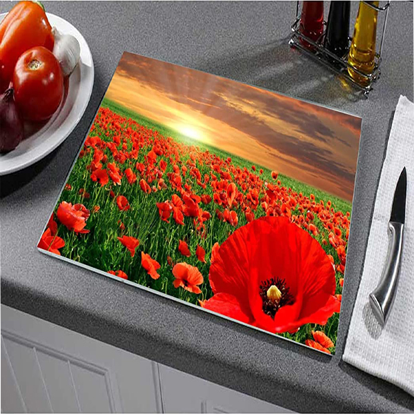 Sunset Poppies Toughened Glass Heat Resistant Worktop Saver Cutting and